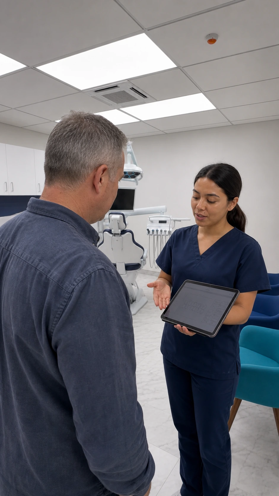 A fictional member of The Veneer Clinic team showing a patient a digital smile plan