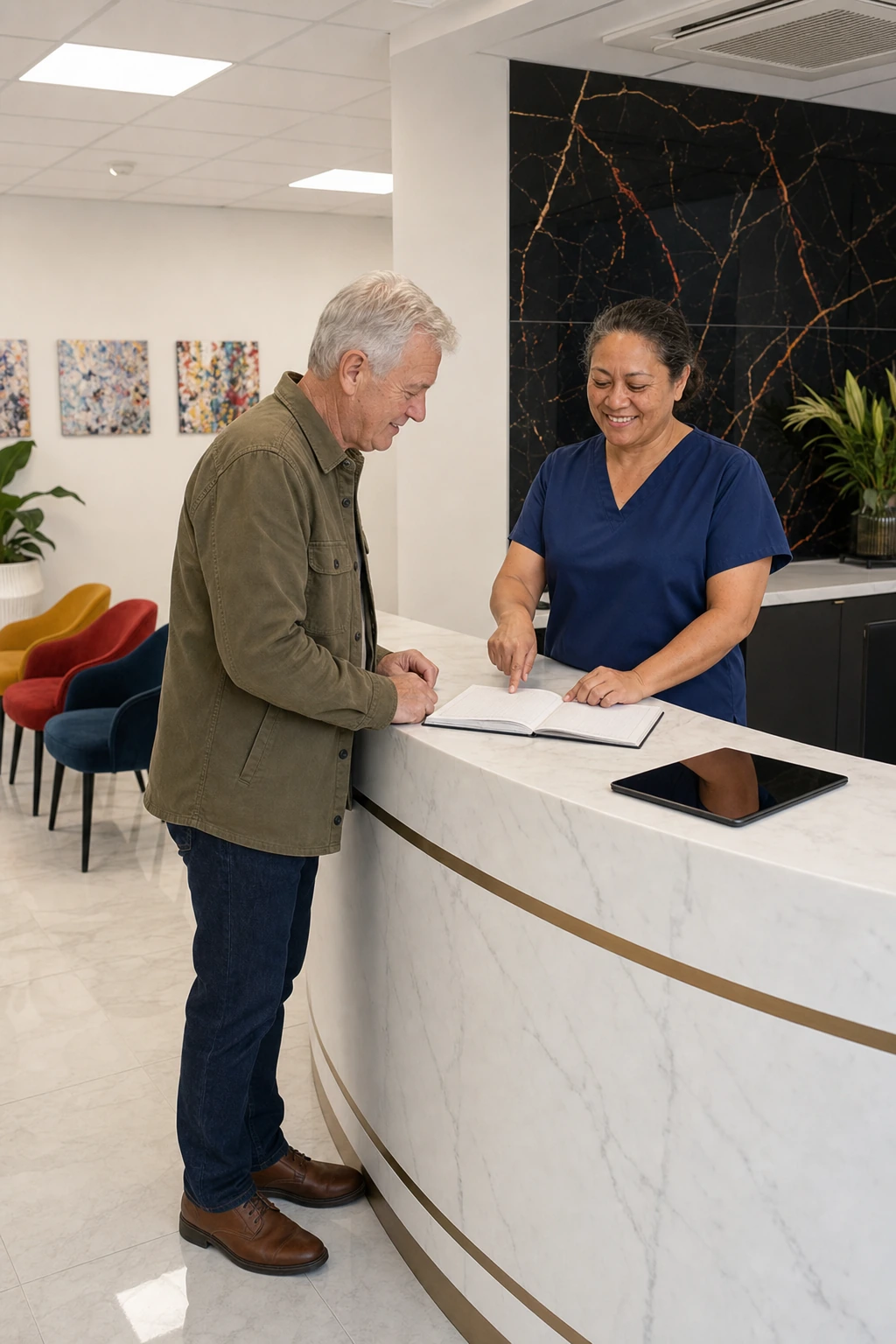 A patient booking their next appointment at our reception desk